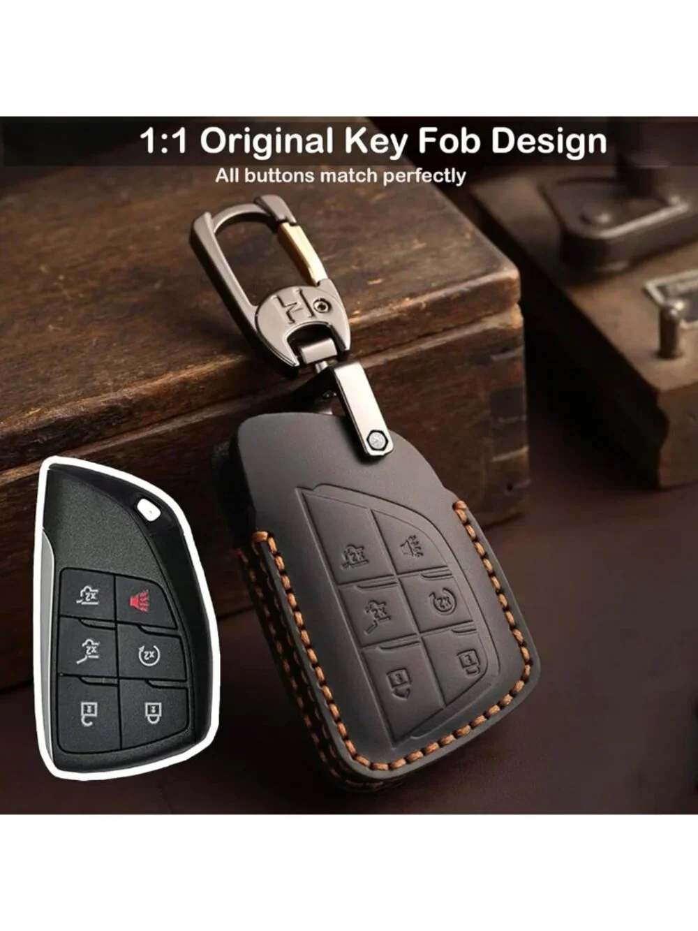 Stylish Leather Key Fob Cover - Retro Protection Case for Chevy & GMC (Black, 6
